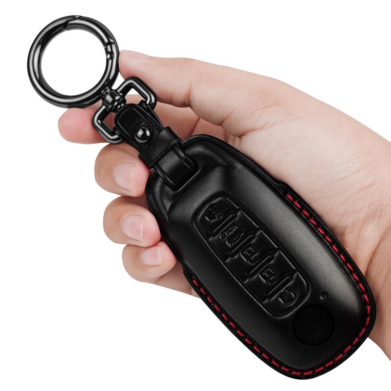 Tukellen for Nissan Key Fob Cover Leather with Keychain Compatible with 2023 2024 2025 Pathfinder Rouge Kicks Smart Remote BlackRed line 5 Buttons